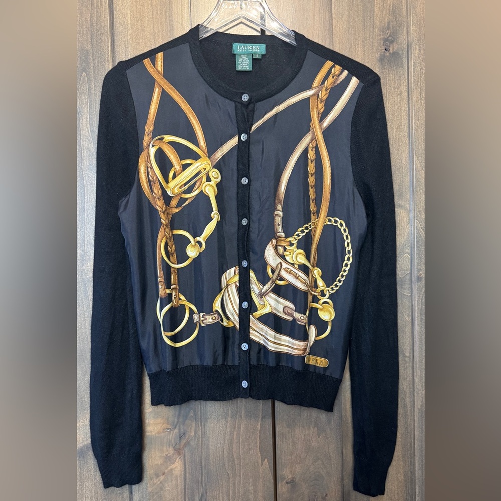 Lauren Ralph Lauren silk & cashmere equestrian print cardigan black
